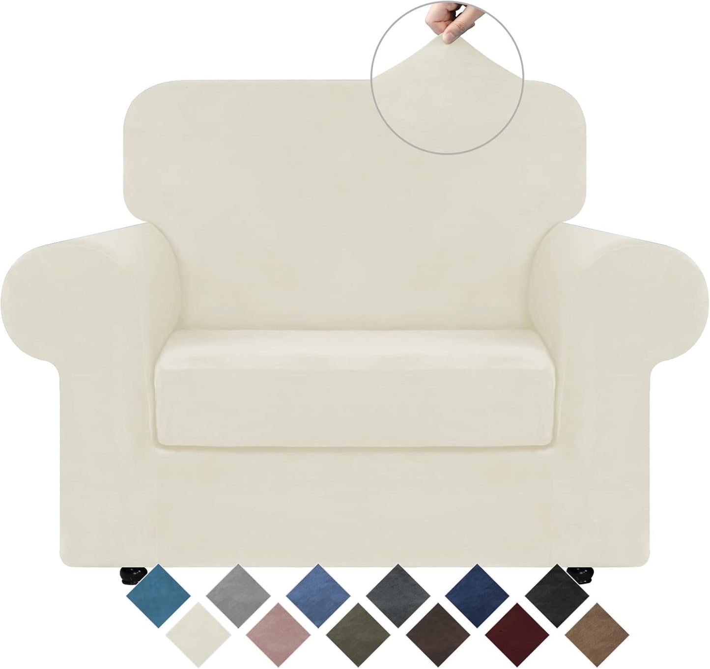 WEERRW Velvet Couch Covers for 2 Cushion Couch Sofa - High Stretch Luxury Velvet Plush 3 Pieces Sofa Slipcovers with Elastic Bottom, Furniture Protector for Pets, Machine Washable, Ivory, Medium