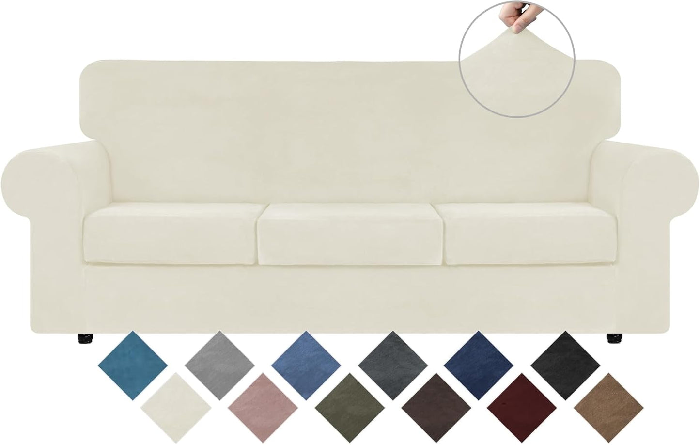WEERRW Velvet Couch Covers for 2 Cushion Couch Sofa - High Stretch Luxury Velvet Plush 3 Pieces Sofa Slipcovers with Elastic Bottom, Furniture Protector for Pets, Machine Washable, Ivory, Medium