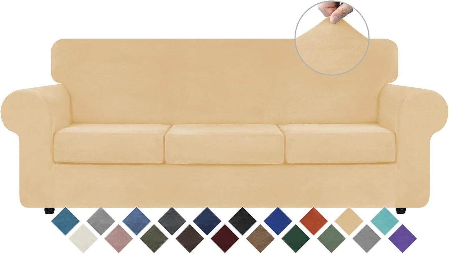 WEERRW Velvet Couch Covers for 2 Cushion Couch Sofa - High Stretch Luxury Velvet Plush 3 Pieces Sofa Slipcovers with Elastic Bottom, Furniture Protector for Pets, Machine Washable, Ivory, Medium