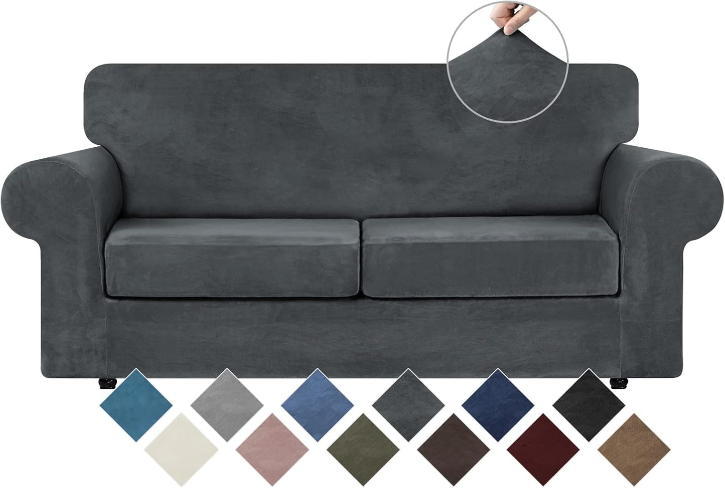 WEERRW Velvet Couch Covers for 2 Cushion Couch Sofa - High Stretch Luxury Velvet Plush 3 Pieces Sofa Slipcovers with Elastic Bottom, Furniture Protector for Pets, Machine Washable, Ivory, Medium
