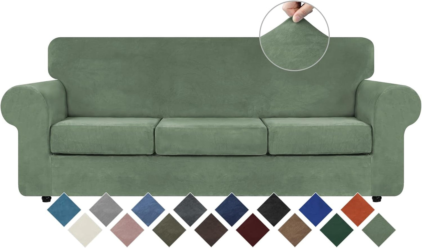 WEERRW Velvet Couch Covers for 2 Cushion Couch Sofa - High Stretch Luxury Velvet Plush 3 Pieces Sofa Slipcovers with Elastic Bottom, Furniture Protector for Pets, Machine Washable, Ivory, Medium