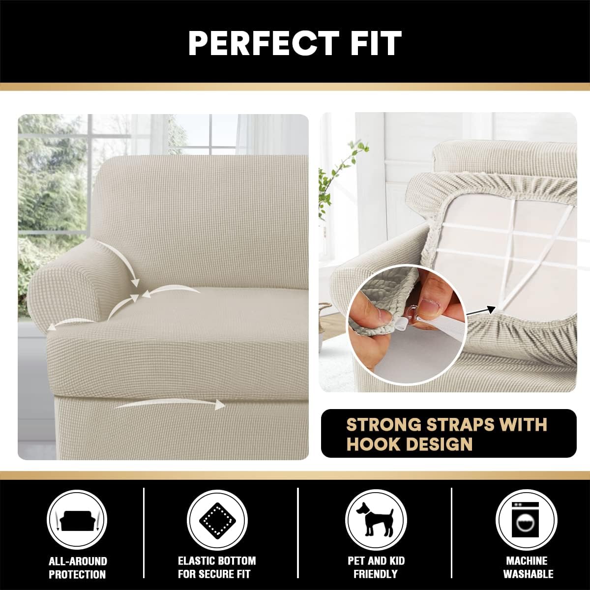 PrinceDeco T Cushion Sofa Slipcover 4 Pieces Sofa Covers for T Cushion Couch Soft Sofa Slip Covers Furniture Protector with 3 Individual T Shape Seat Covers (72"-90"), Island Fossi