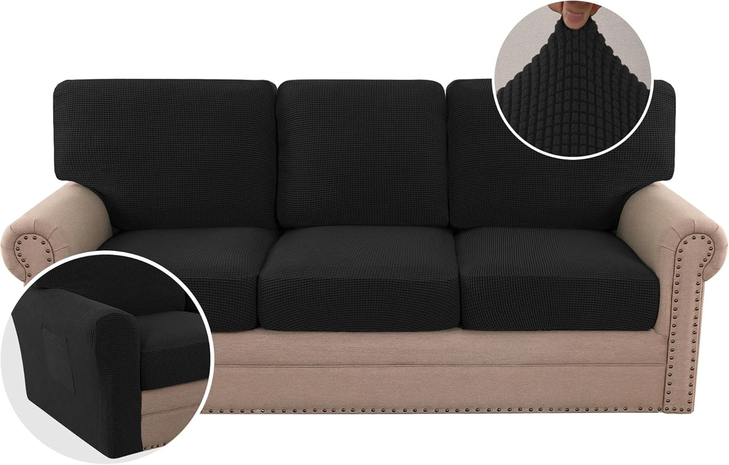 H.VERSAILTEX Multi-Pieces Sofa Covers Stretch Couch Covers Form Fitted Seats and Back Cushions Covers (3 Seat Covers Plus 3 Back Cusion Covers, Bonus 2 Armrest Covers), Grey