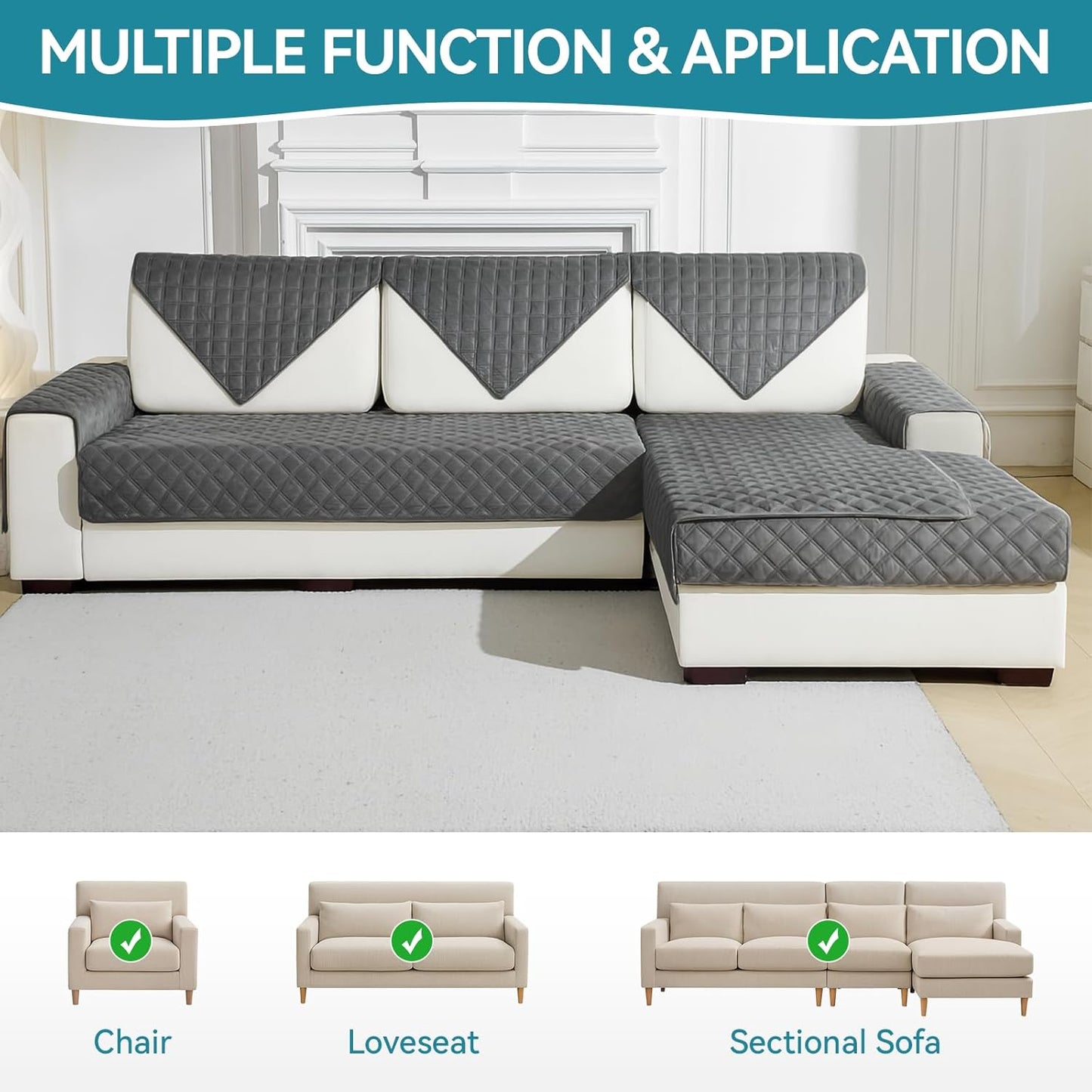 Deep Dream Velvet Couch Cover, Sectional Couch Covers, Anti Slip Sofa Covers for 3 Cushion Couch, Sofa Slipcovers for Dogs Pets Kids Furniture Protector Covers for Dogs Pets Kids(Dark Grey, 36"x 71")
