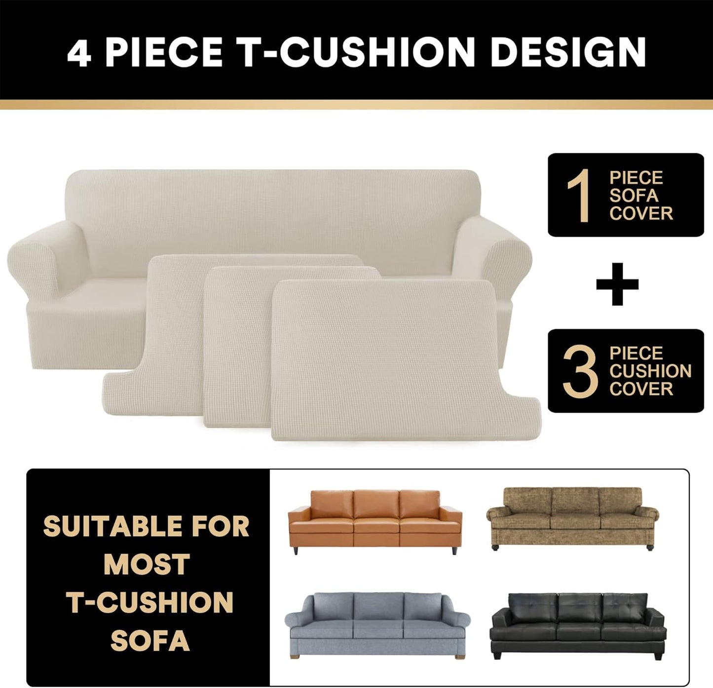 PrinceDeco T Cushion Sofa Slipcover 4 Pieces Sofa Covers for T Cushion Couch Soft Sofa Slip Covers Furniture Protector with 3 Individual T Shape Seat Covers (72"-90"), Island Fossi