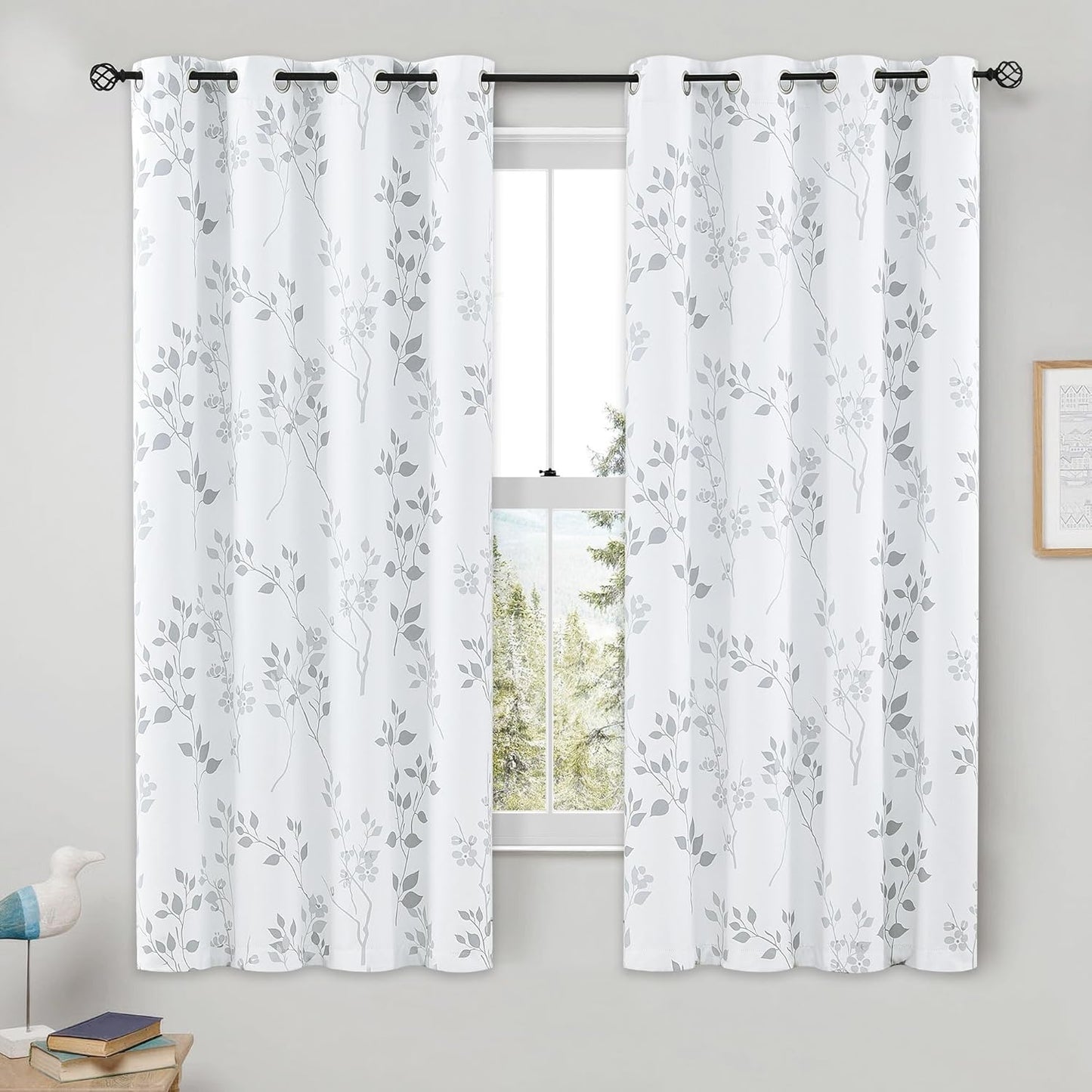 Beauoop Floral 100% Blackout Curtains 84 Inches Long 2 Panels for Bedroom Living Room Grey White Flower Patterned Room Darkening Thermal Insulated Soundproof Grommet Window Treatments Drapes, 52X84