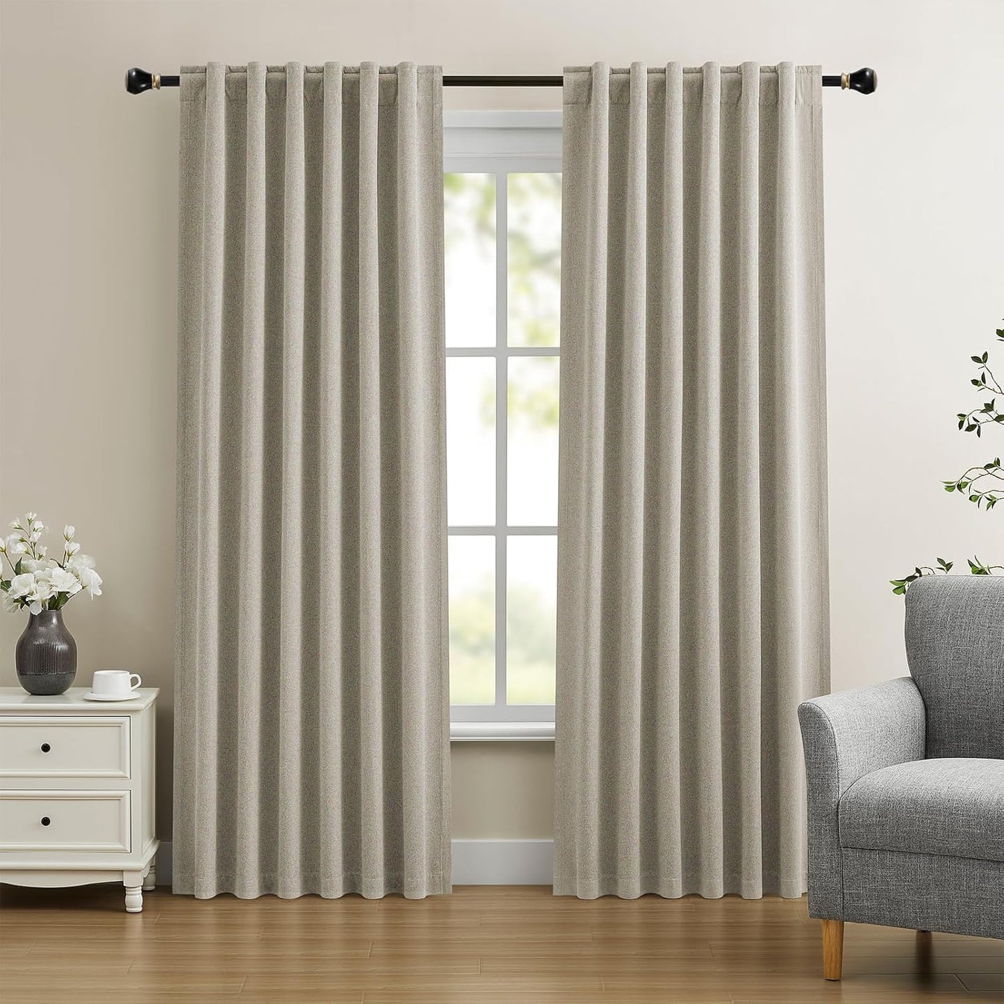 Dreaming Casa 100% Blackout Curtains 84 Inches Long, Linen Textured Window Treatment Rod Pocket & Back Tab Curtain Drapes for Bedroom Living Room Divider, 2 Panels, 52" W x 84" L, Linen