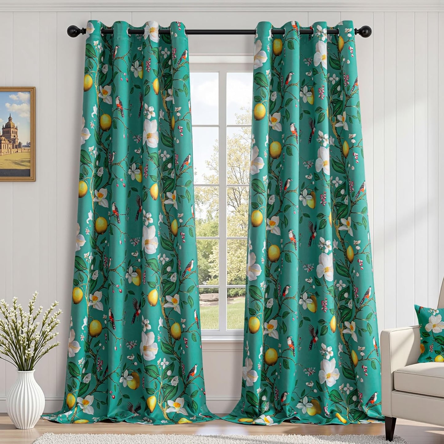 MYSKY HOME Floral Blackout Curtains 84 inch Long for Living Room Vintage French Country Grommet Lemon Hummingbird Patterned Room Darkening Thermal Drapes Bedroom Dining Room, 2 Pcs, 52", Sage Green