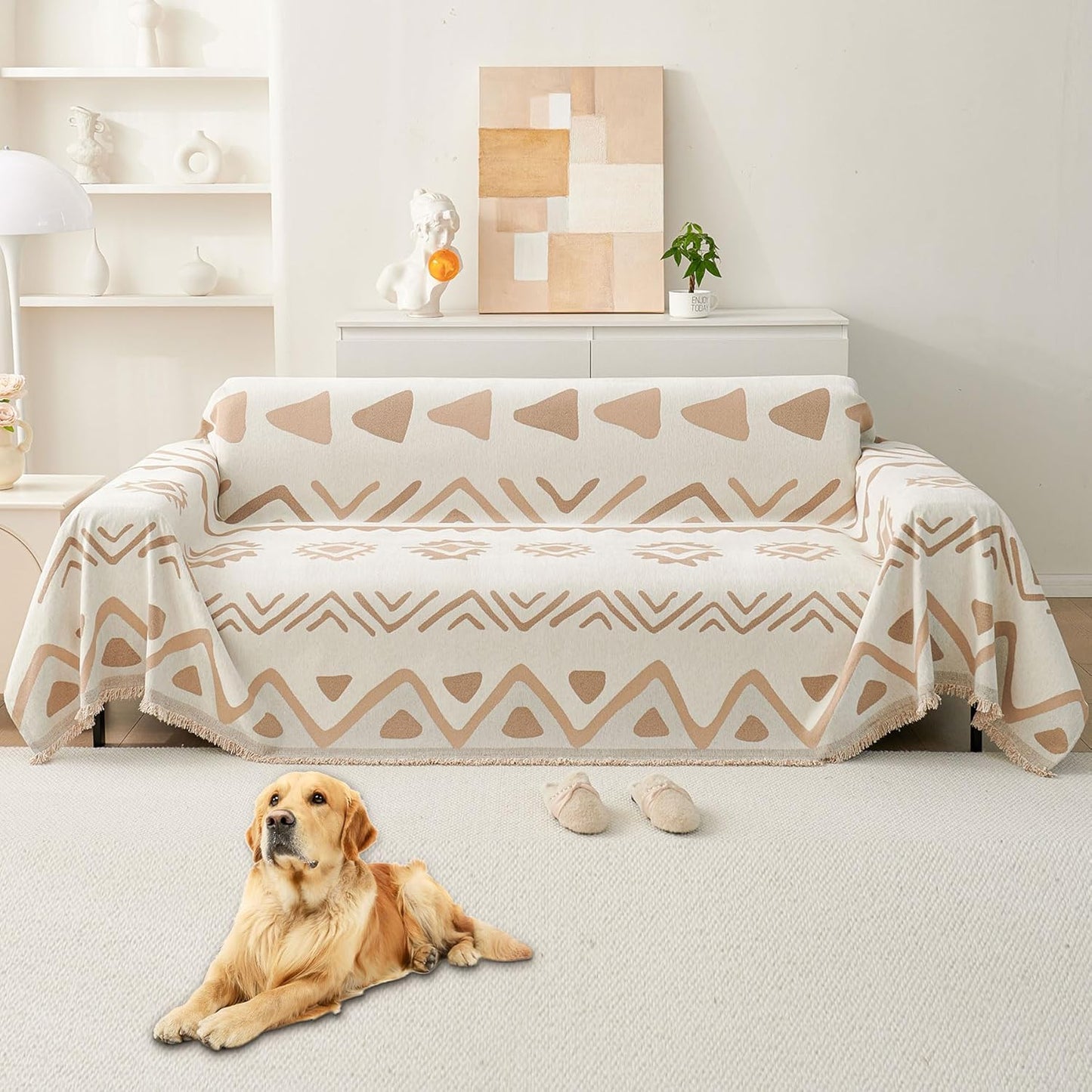 HAOMAIJIA Non Slip Couch Cover Sofa Covers for 3 Cushion Couch Washable sectional Couch Covers for Dogs pet Furniture Protector Couch Cover Blanket for Living Room (Off White, 91"x134")
