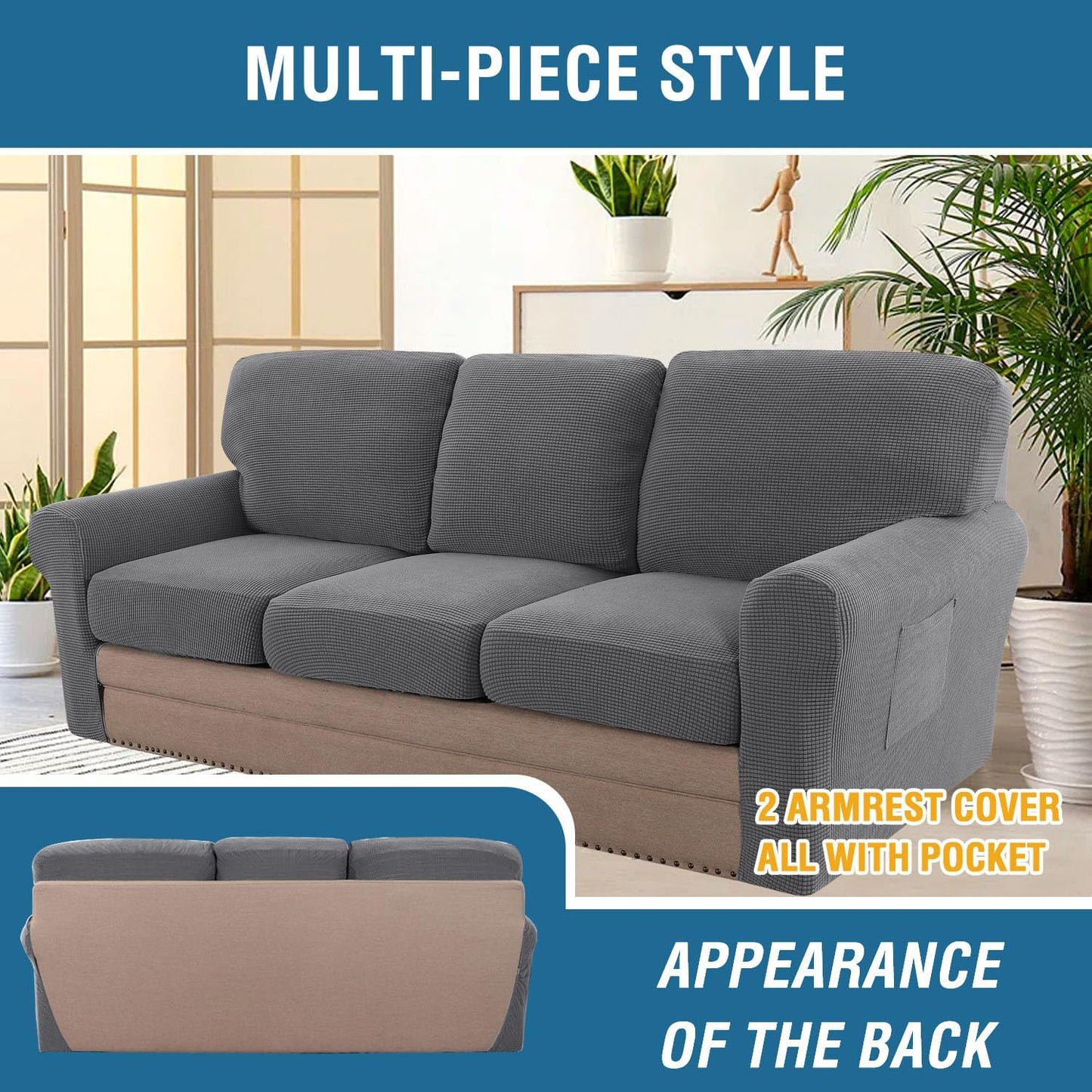 H.VERSAILTEX Multi-Pieces Sofa Covers Stretch Couch Covers Form Fitted Seats and Back Cushions Covers (3 Seat Covers Plus 3 Back Cusion Covers, Bonus 2 Armrest Covers), Grey