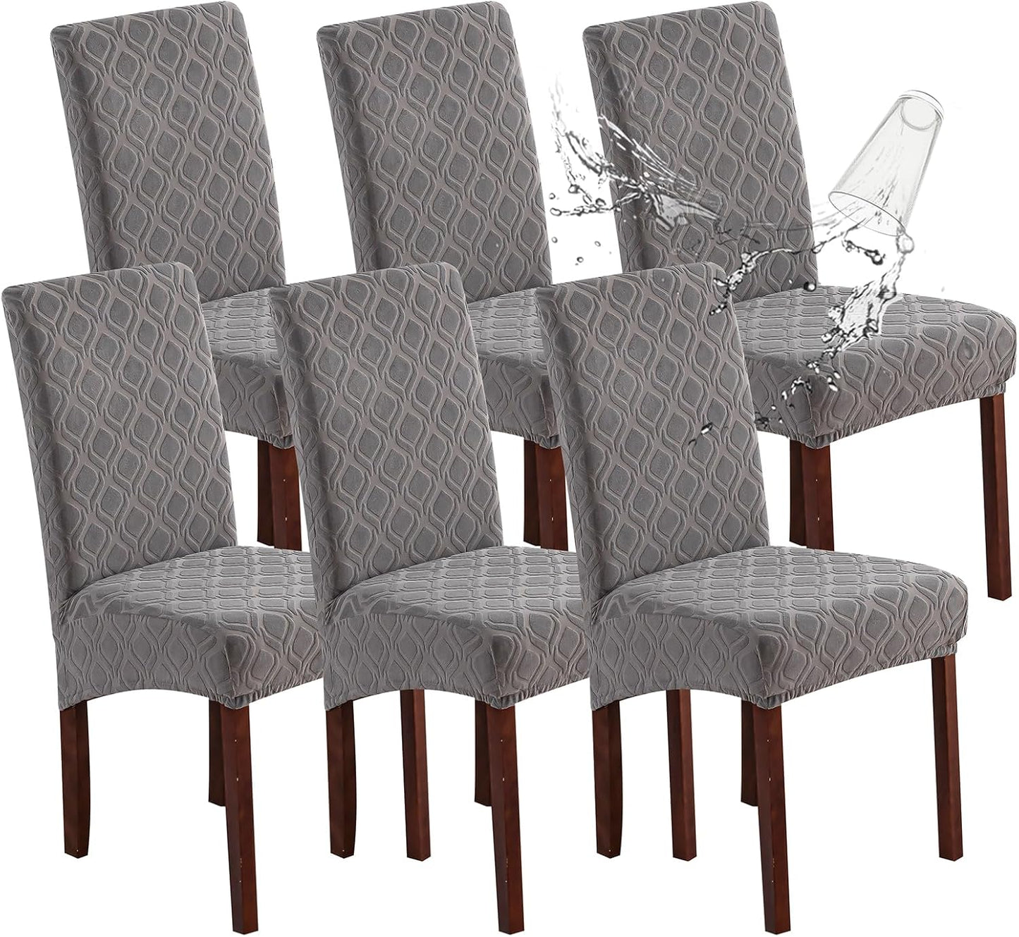 Genina Waterproof Chair Covers for Dining Room 6 Pack, Stretch Jacquard Dining Chair Cover Removable Washable Chair Protectors Cover for Kitchen, Home (Leaves-Warm Gray, 6 PCS)