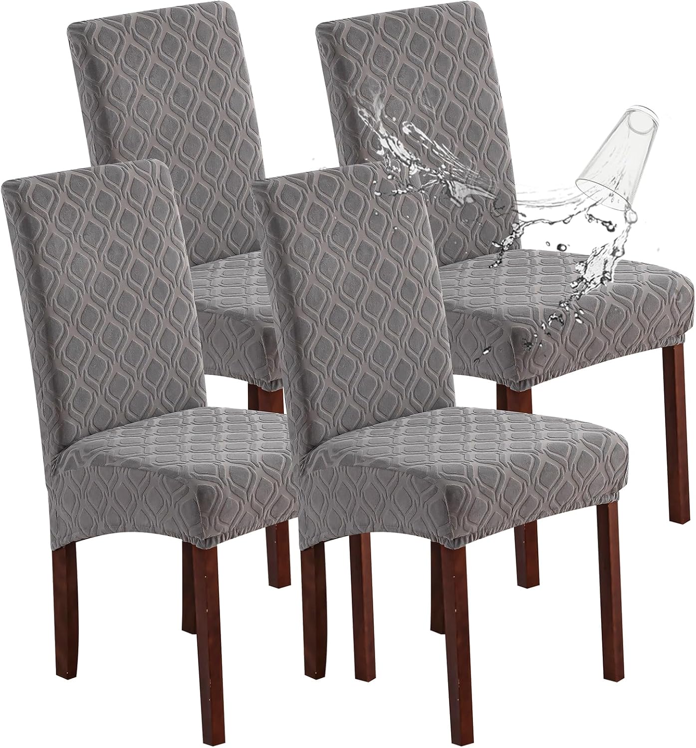 Genina Waterproof Chair Covers for Dining Room 6 Pack, Stretch Jacquard Dining Chair Cover Removable Washable Chair Protectors Cover for Kitchen, Home (Leaves-Warm Gray, 6 PCS)