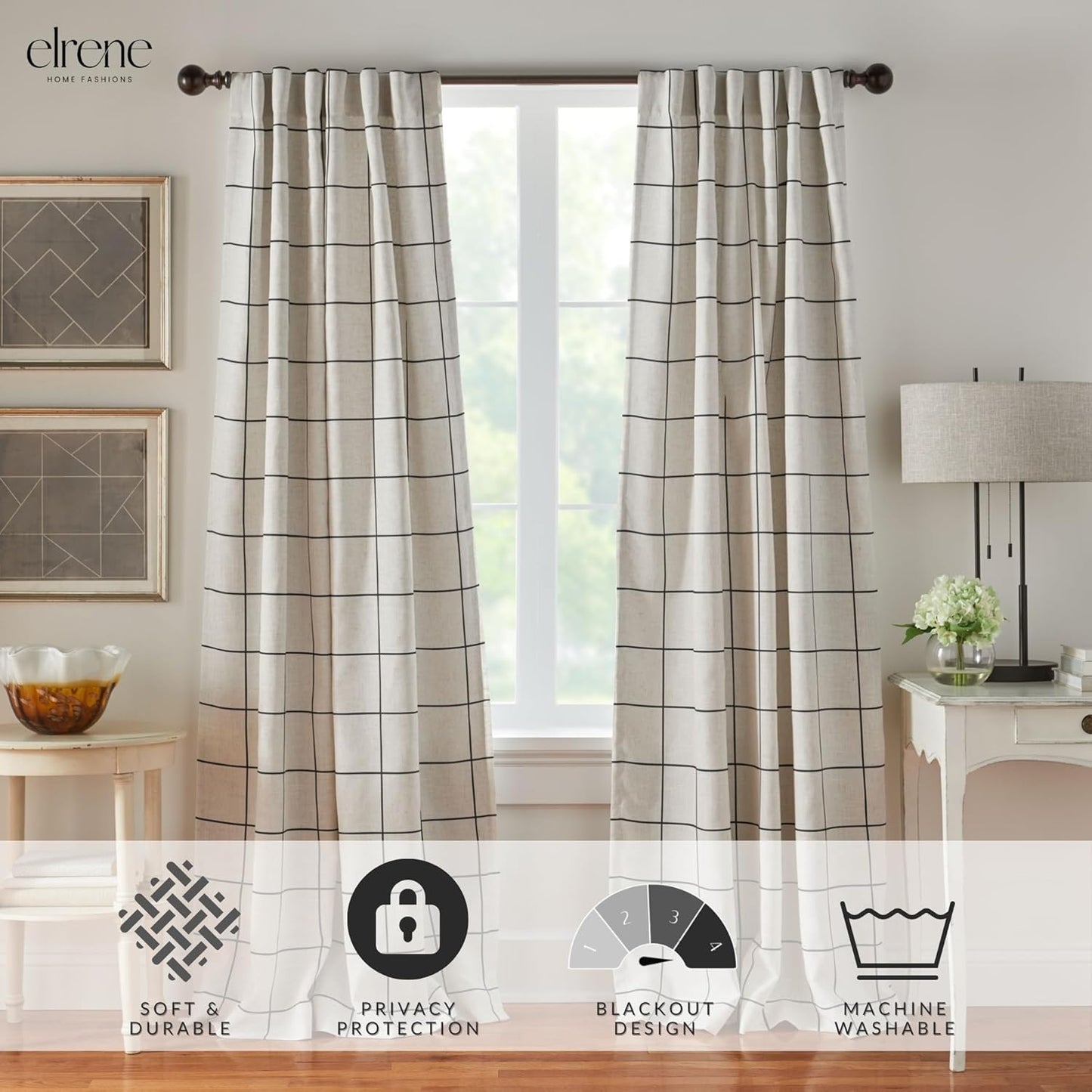 Elrene Home Fashions Brighton Windowpane Plaid Blackout Window Curtain, Living Room and Bedroom Drape with Rod Pocket Tabs, 52" x 95", 1 Panel