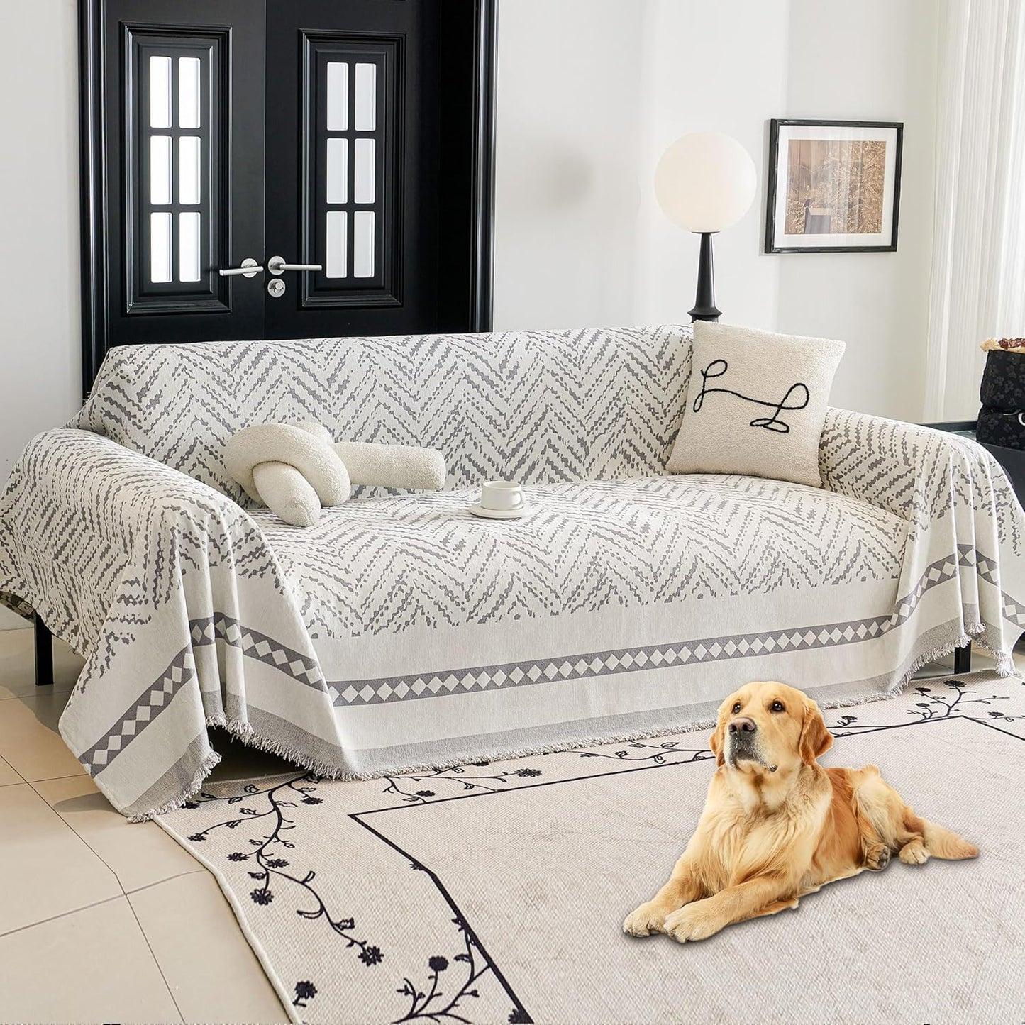 HAOMAIJIA Non Slip Couch Cover Sofa Covers for 3 Cushion Couch Washable sectional Couch Covers for Dogs pet Furniture Protector Couch Cover Blanket for Living Room (Off White, 91"x134")