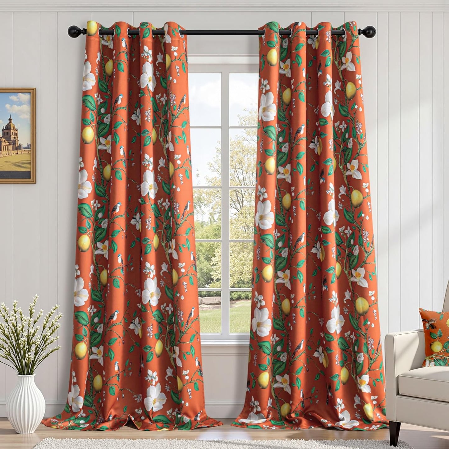 MYSKY HOME Floral Blackout Curtains 84 inch Long for Living Room Vintage French Country Grommet Lemon Hummingbird Patterned Room Darkening Thermal Drapes Bedroom Dining Room, 2 Pcs, 52", Sage Green