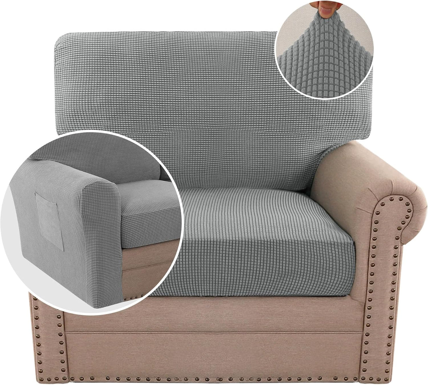 H.VERSAILTEX Multi-Pieces Sofa Covers Stretch Couch Covers Form Fitted Seats and Back Cushions Covers (3 Seat Covers Plus 3 Back Cusion Covers, Bonus 2 Armrest Covers), Grey