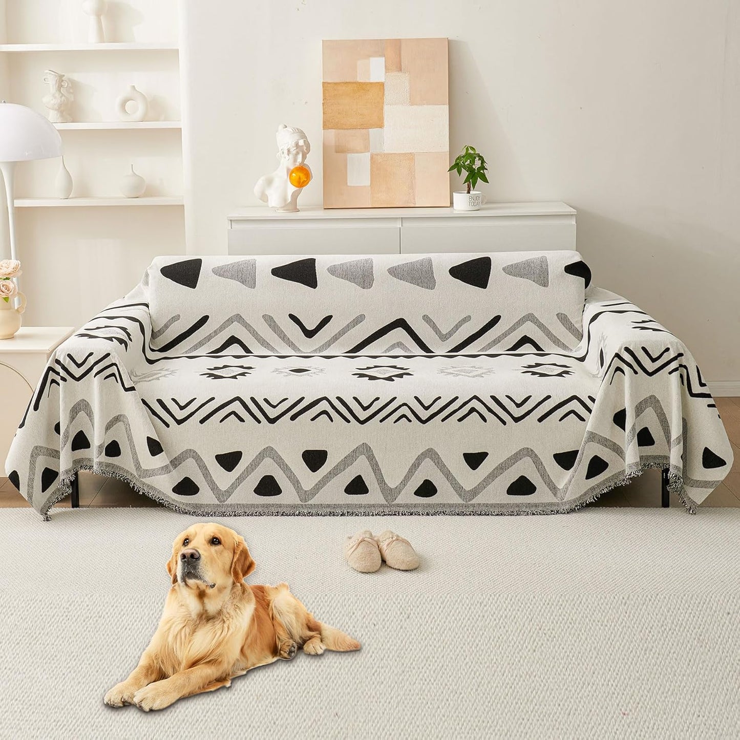 HAOMAIJIA Non Slip Couch Cover Sofa Covers for 3 Cushion Couch Washable sectional Couch Covers for Dogs pet Furniture Protector Couch Cover Blanket for Living Room (Off White, 91"x134")