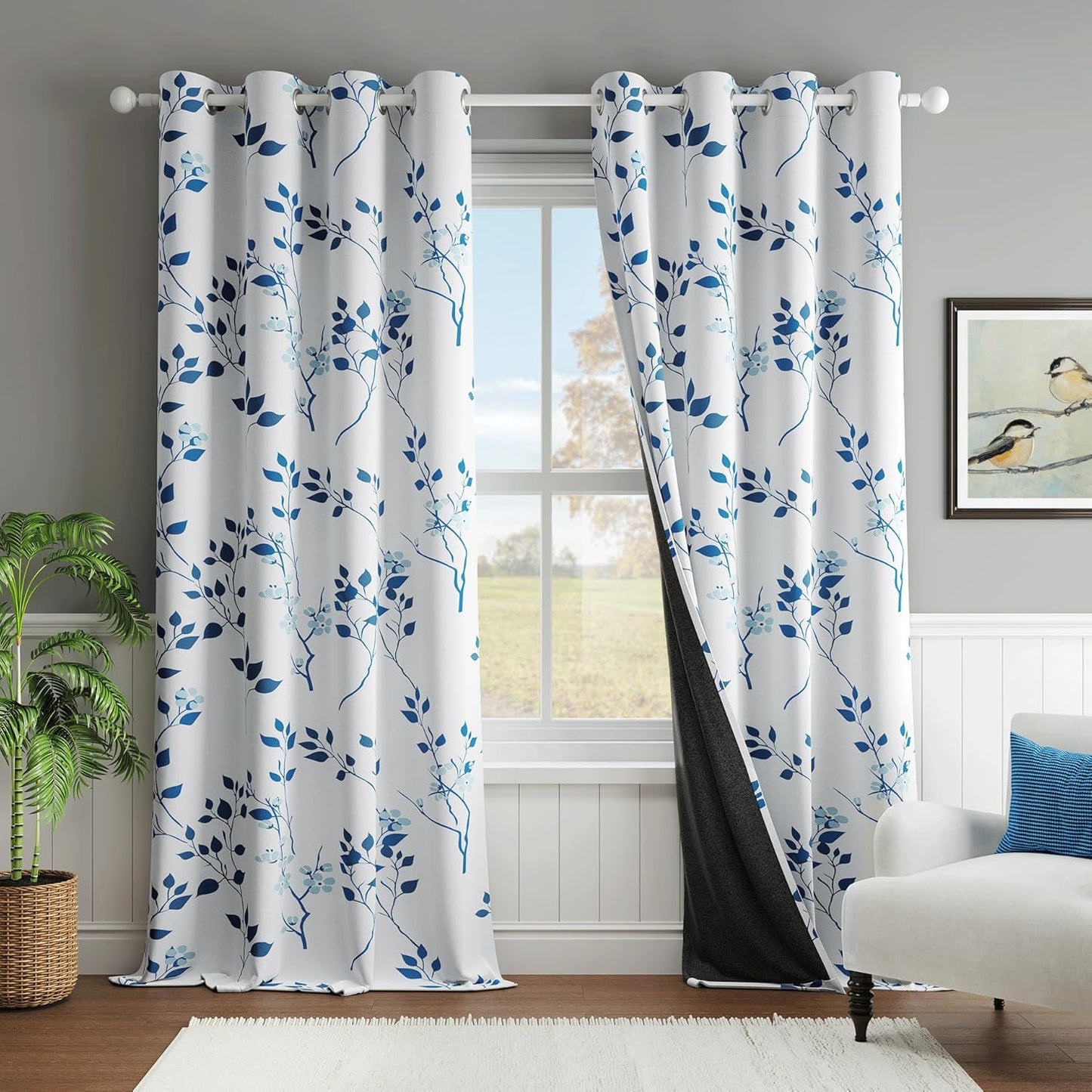 Beauoop Floral 100% Blackout Curtains 84 Inches Long 2 Panels for Bedroom Living Room Grey White Flower Patterned Room Darkening Thermal Insulated Soundproof Grommet Window Treatments Drapes, 52X84