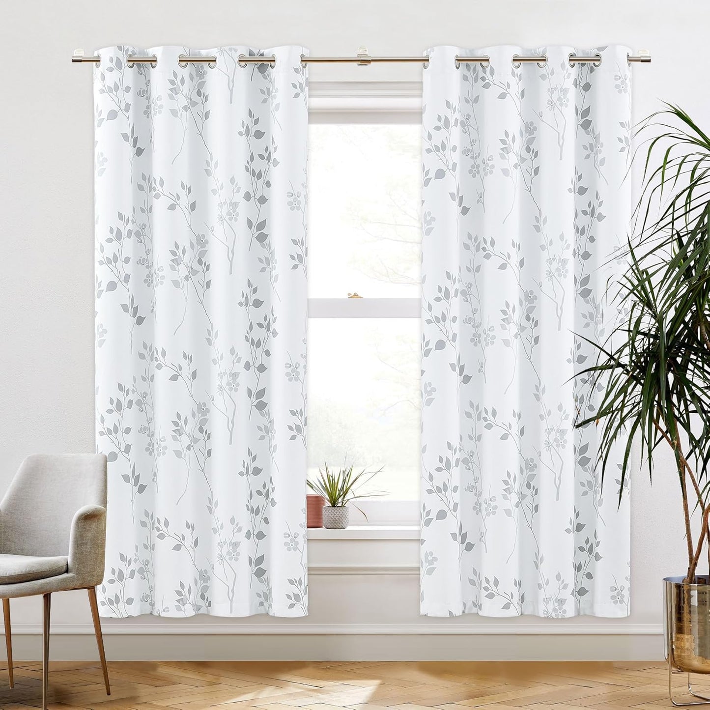 Beauoop Floral 100% Blackout Curtains 84 Inches Long 2 Panels for Bedroom Living Room Grey White Flower Patterned Room Darkening Thermal Insulated Soundproof Grommet Window Treatments Drapes, 52X84