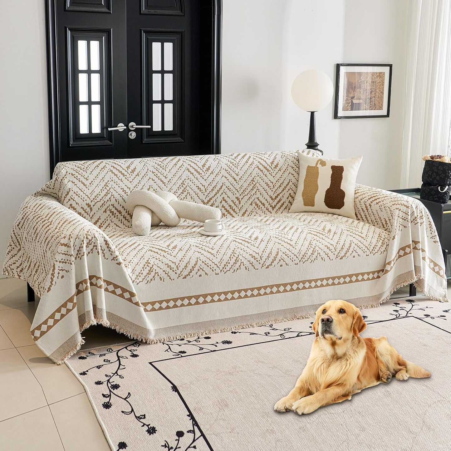 HAOMAIJIA Non Slip Couch Cover Sofa Covers for 3 Cushion Couch Washable sectional Couch Covers for Dogs pet Furniture Protector Couch Cover Blanket for Living Room (Off White, 91"x134")
