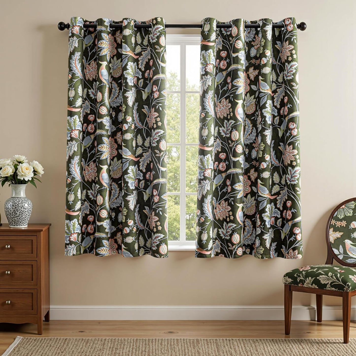 MYSKY HOME Floral Blackout Curtains 84 inch Long for Living Room Vintage French Country Grommet Lemon Hummingbird Patterned Room Darkening Thermal Drapes Bedroom Dining Room, 2 Pcs, 52", Sage Green