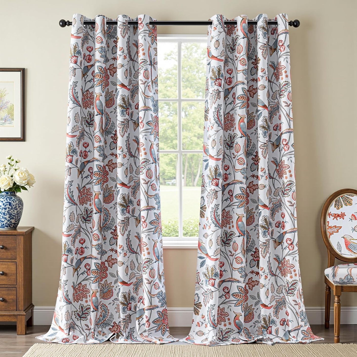 MYSKY HOME Floral Blackout Curtains 84 inch Long for Living Room Vintage French Country Grommet Lemon Hummingbird Patterned Room Darkening Thermal Drapes Bedroom Dining Room, 2 Pcs, 52", Sage Green
