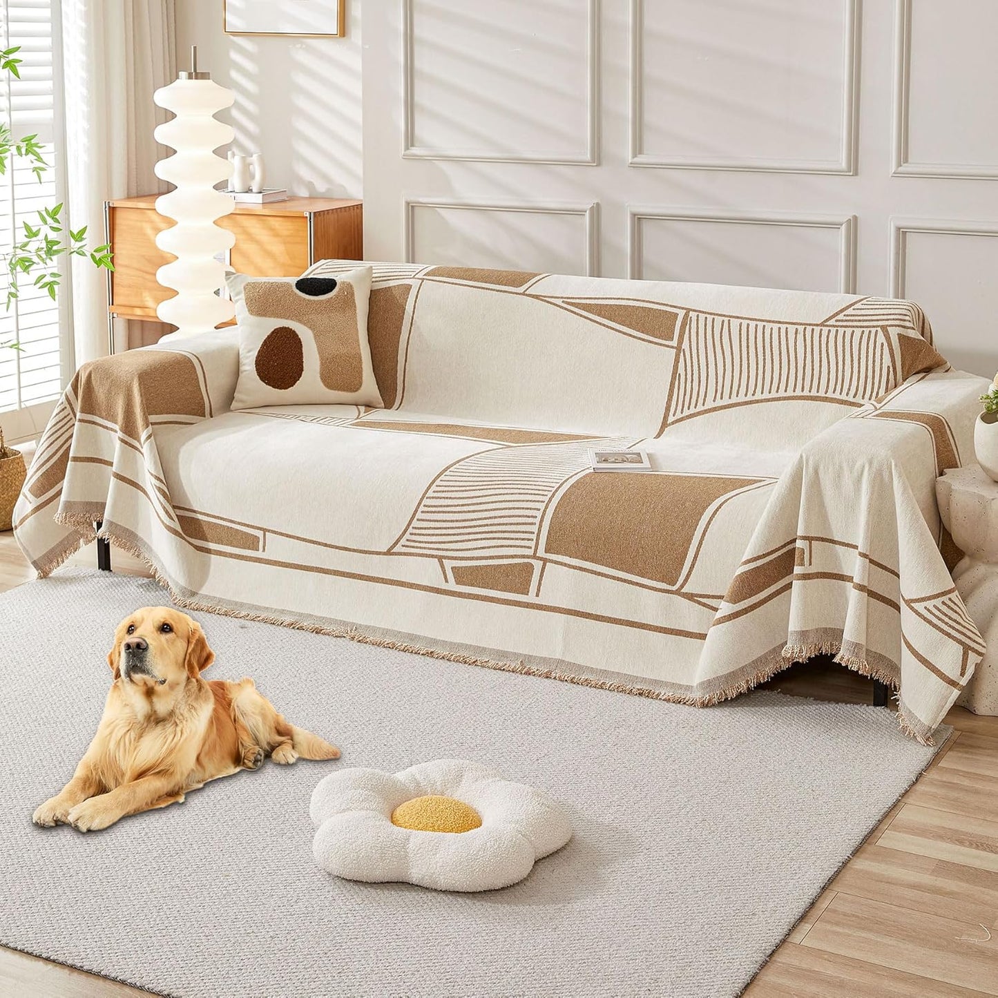 HAOMAIJIA Non Slip Couch Cover Sofa Covers for 3 Cushion Couch Washable sectional Couch Covers for Dogs pet Furniture Protector Couch Cover Blanket for Living Room (Off White, 91"x134")