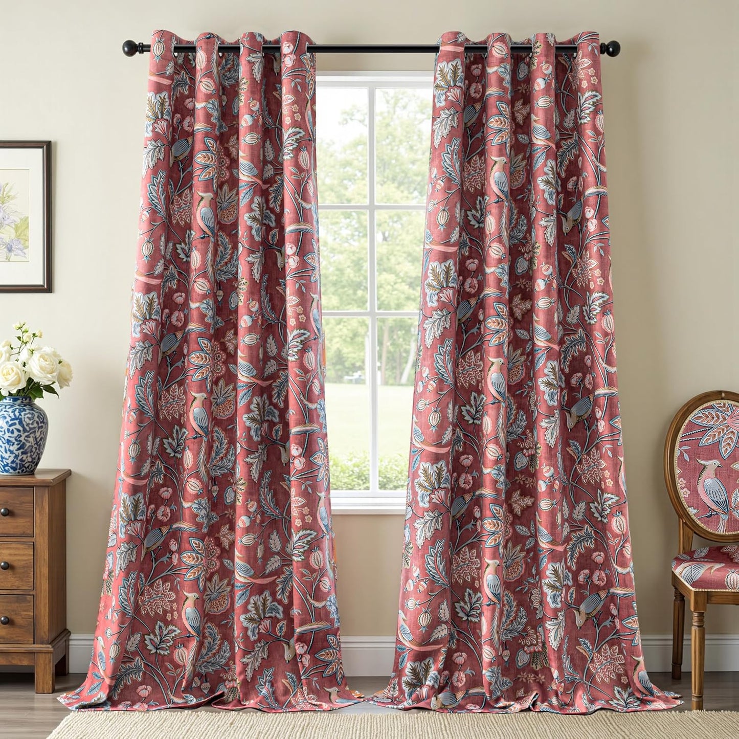 MYSKY HOME Floral Blackout Curtains 84 inch Long for Living Room Vintage French Country Grommet Lemon Hummingbird Patterned Room Darkening Thermal Drapes Bedroom Dining Room, 2 Pcs, 52", Sage Green