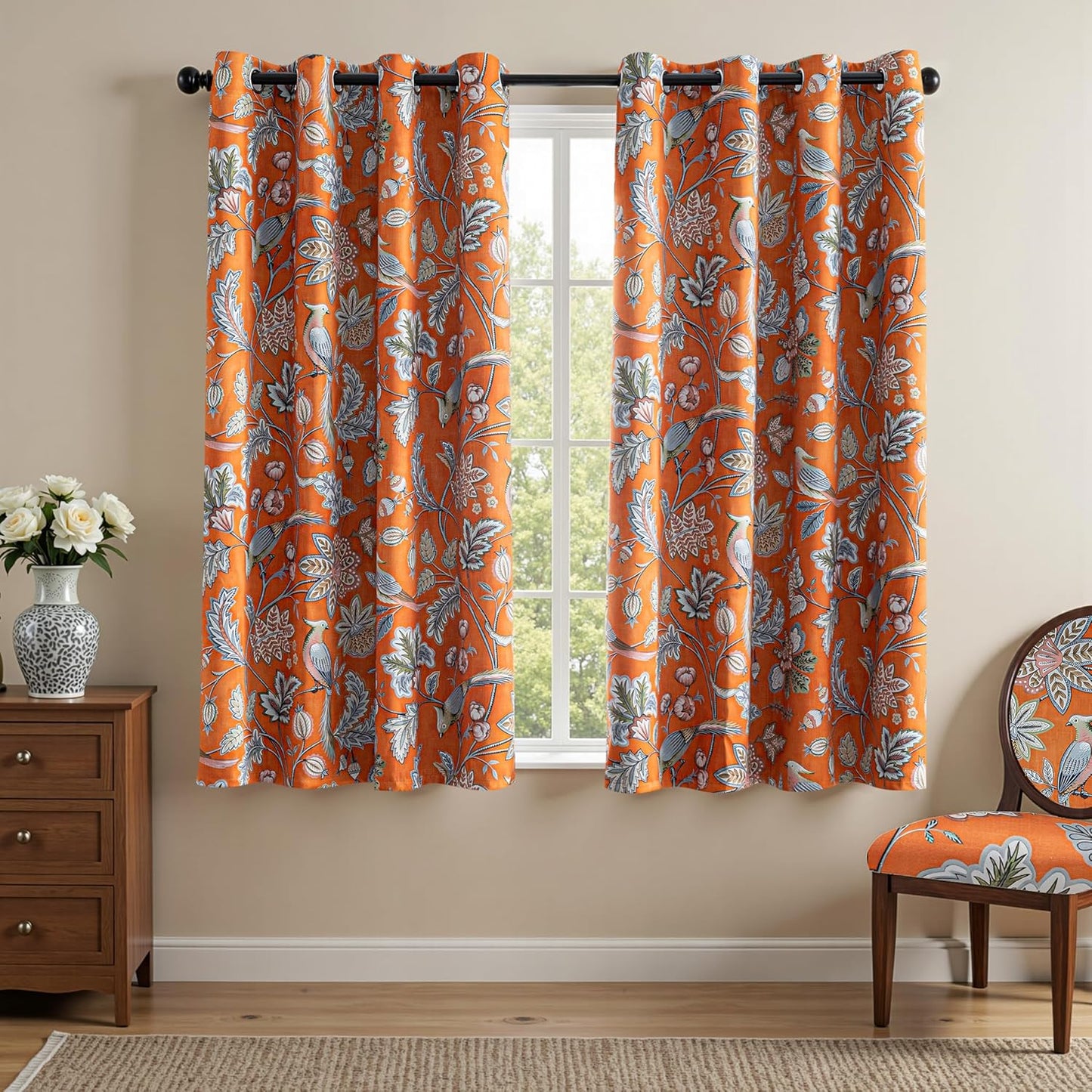 MYSKY HOME Floral Blackout Curtains 84 inch Long for Living Room Vintage French Country Grommet Lemon Hummingbird Patterned Room Darkening Thermal Drapes Bedroom Dining Room, 2 Pcs, 52", Sage Green