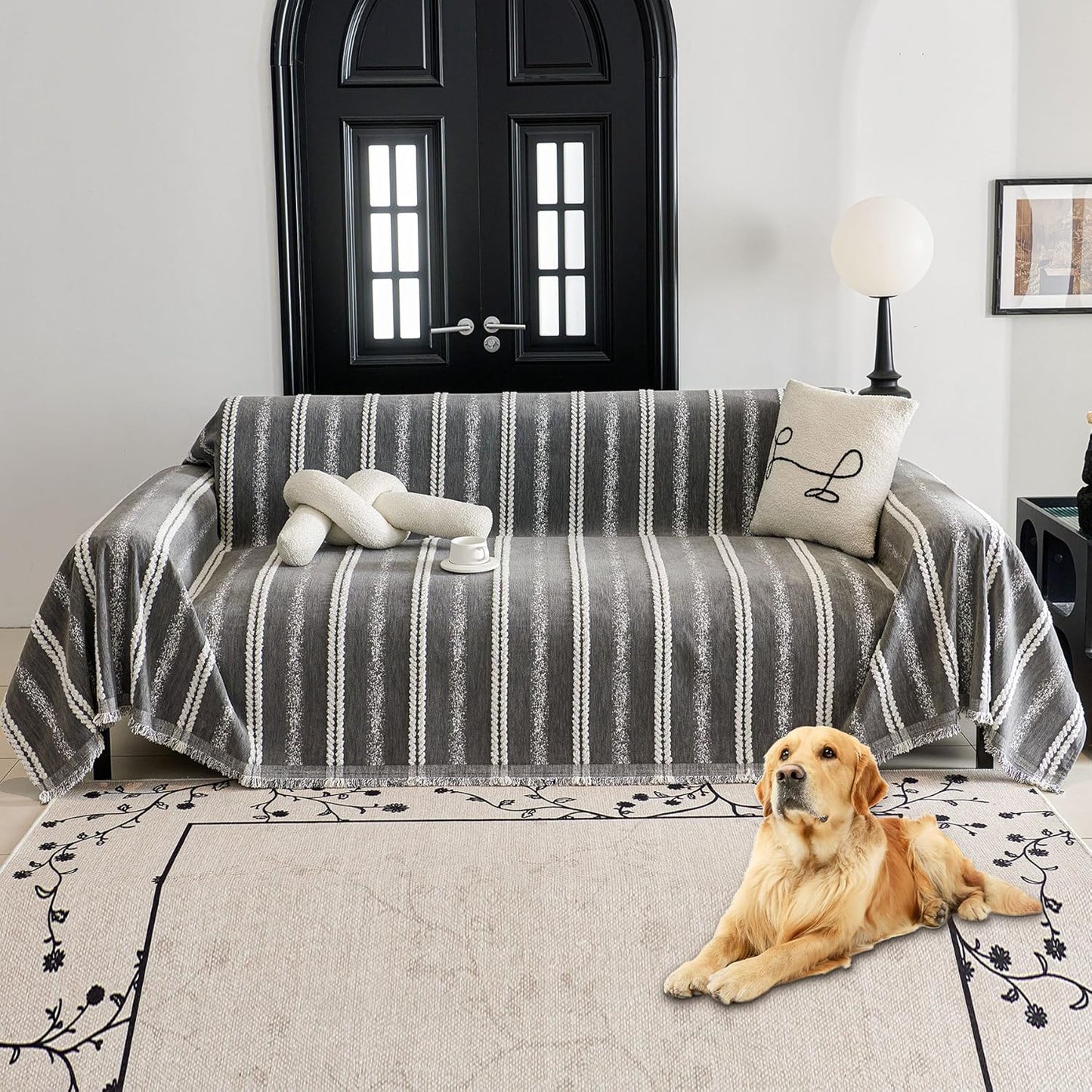 HAOMAIJIA Non Slip Couch Cover Sofa Covers for 3 Cushion Couch Washable sectional Couch Covers for Dogs pet Furniture Protector Couch Cover Blanket for Living Room (Off White, 91"x134")