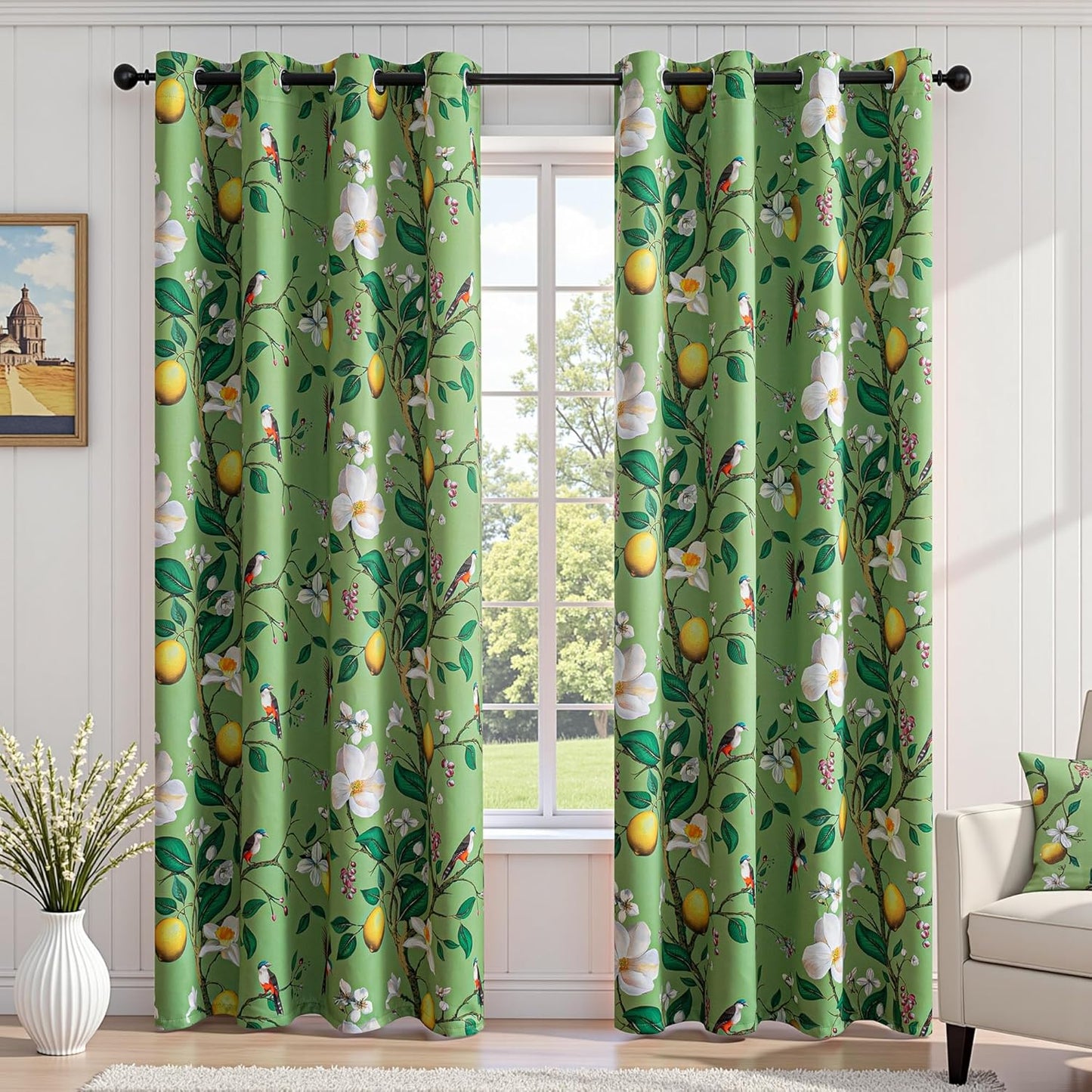 MYSKY HOME Floral Blackout Curtains 84 inch Long for Living Room Vintage French Country Grommet Lemon Hummingbird Patterned Room Darkening Thermal Drapes Bedroom Dining Room, 2 Pcs, 52", Sage Green