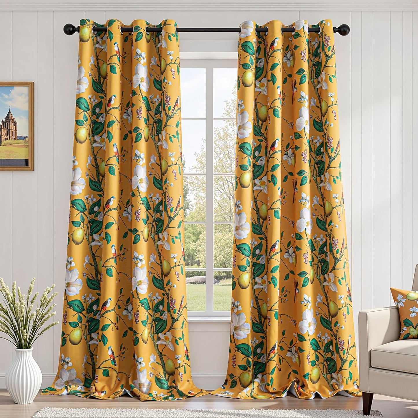 MYSKY HOME Floral Blackout Curtains 84 inch Long for Living Room Vintage French Country Grommet Lemon Hummingbird Patterned Room Darkening Thermal Drapes Bedroom Dining Room, 2 Pcs, 52", Sage Green