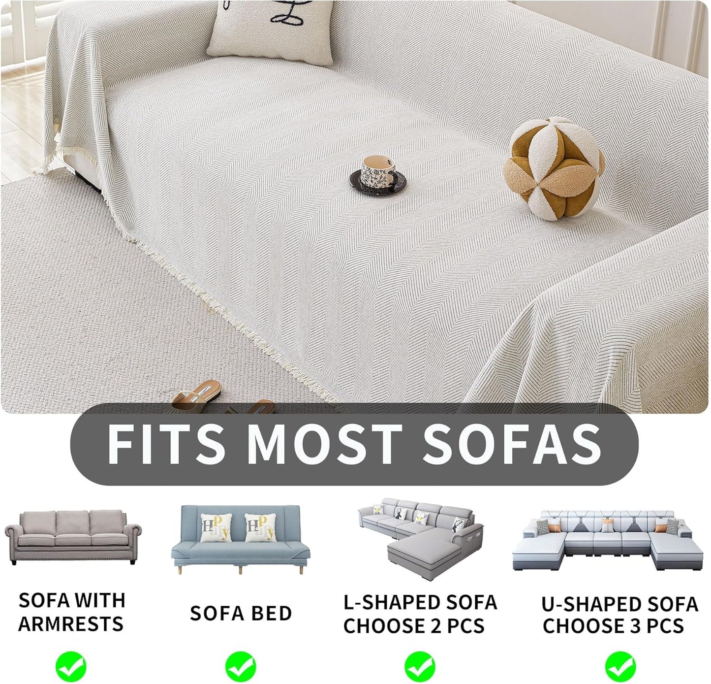 HAOMAIJIA Non Slip Couch Cover Sofa Covers for 3 Cushion Couch Washable sectional Couch Covers for Dogs pet Furniture Protector Couch Cover Blanket for Living Room (Off White, 91"x134")