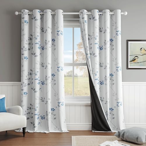 Beauoop Floral 100% Blackout Curtains 84 Inches Long 2 Panels for Bedroom Living Room Grey White Flower Patterned Room Darkening Thermal Insulated Soundproof Grommet Window Treatments Drapes, 52X84