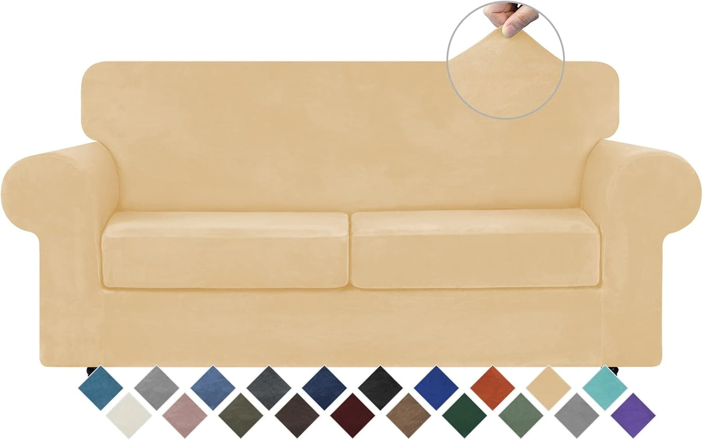 WEERRW Velvet Couch Covers for 2 Cushion Couch Sofa - High Stretch Luxury Velvet Plush 3 Pieces Sofa Slipcovers with Elastic Bottom, Furniture Protector for Pets, Machine Washable, Ivory, Medium