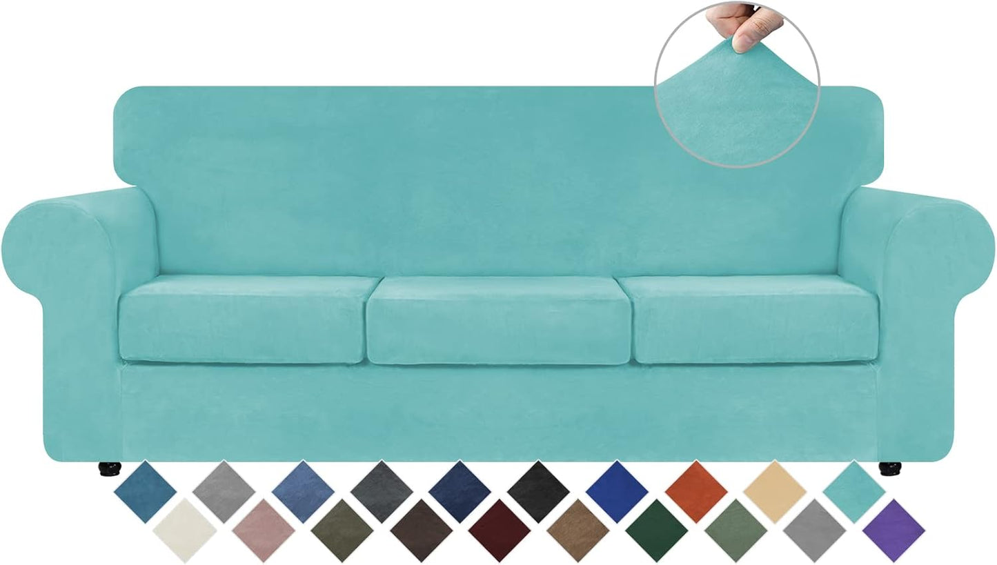 WEERRW Velvet Couch Covers for 2 Cushion Couch Sofa - High Stretch Luxury Velvet Plush 3 Pieces Sofa Slipcovers with Elastic Bottom, Furniture Protector for Pets, Machine Washable, Ivory, Medium