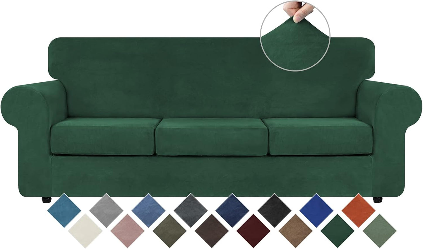 WEERRW Velvet Couch Covers for 2 Cushion Couch Sofa - High Stretch Luxury Velvet Plush 3 Pieces Sofa Slipcovers with Elastic Bottom, Furniture Protector for Pets, Machine Washable, Ivory, Medium
