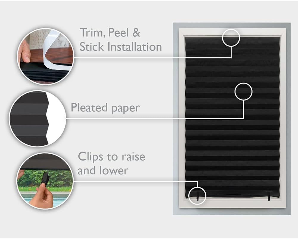 Redi Shade No Tools Original Blackout Pleated Paper Shade Black, 36" W x 72" L, 6 Pack