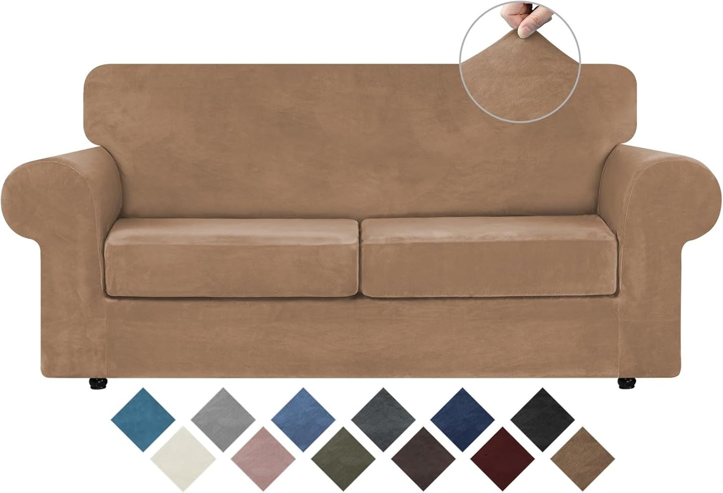 WEERRW Velvet Couch Covers for 2 Cushion Couch Sofa - High Stretch Luxury Velvet Plush 3 Pieces Sofa Slipcovers with Elastic Bottom, Furniture Protector for Pets, Machine Washable, Ivory, Medium