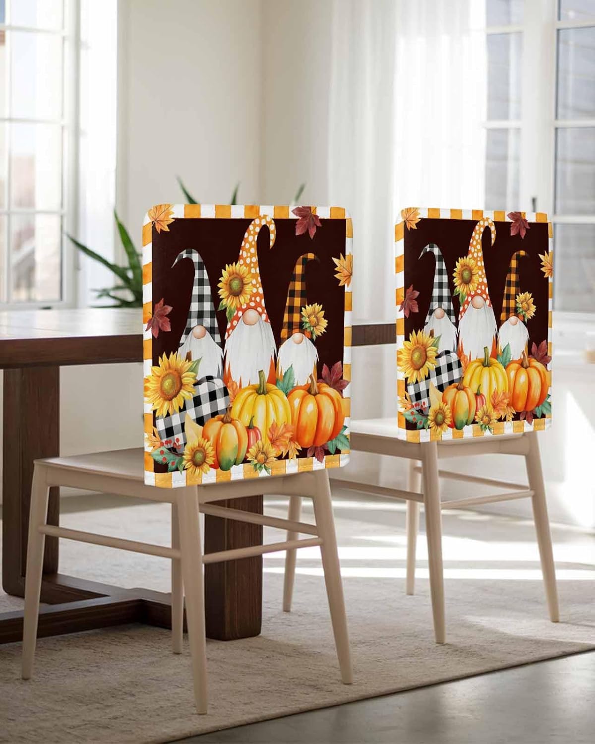 4Pack Dining Room Chair Back Covers Farm Sunflowers Pumpkins Stretch Removable Chair Protector Fall Gnomes Yellow Plaid Washable Chair Slipcovers for Home Kitchen,Hotel,Holiday Party
