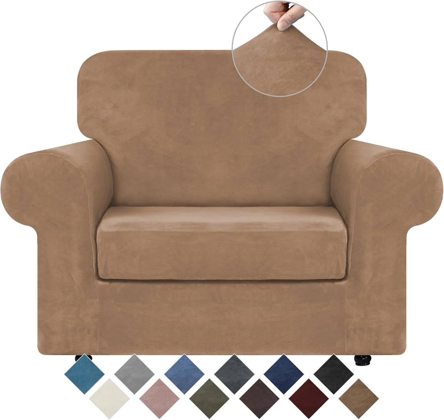 WEERRW Velvet Couch Covers for 2 Cushion Couch Sofa - High Stretch Luxury Velvet Plush 3 Pieces Sofa Slipcovers with Elastic Bottom, Furniture Protector for Pets, Machine Washable, Ivory, Medium