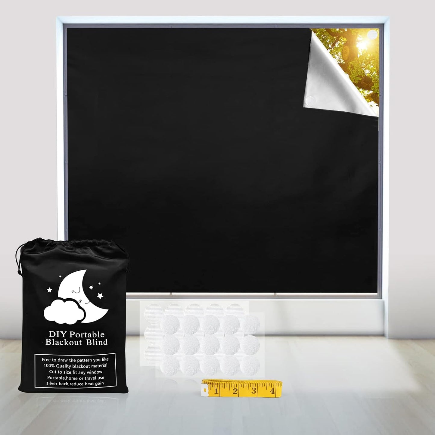 100% Portable Blackout Curtains - (157" x 59") Blackout Shades Cut to Size, Black Out Blinds for Window with Strong Hook & Loop Tabs, Travel Temporary Blackout Blinds for Nursery, Bedroom & Car
