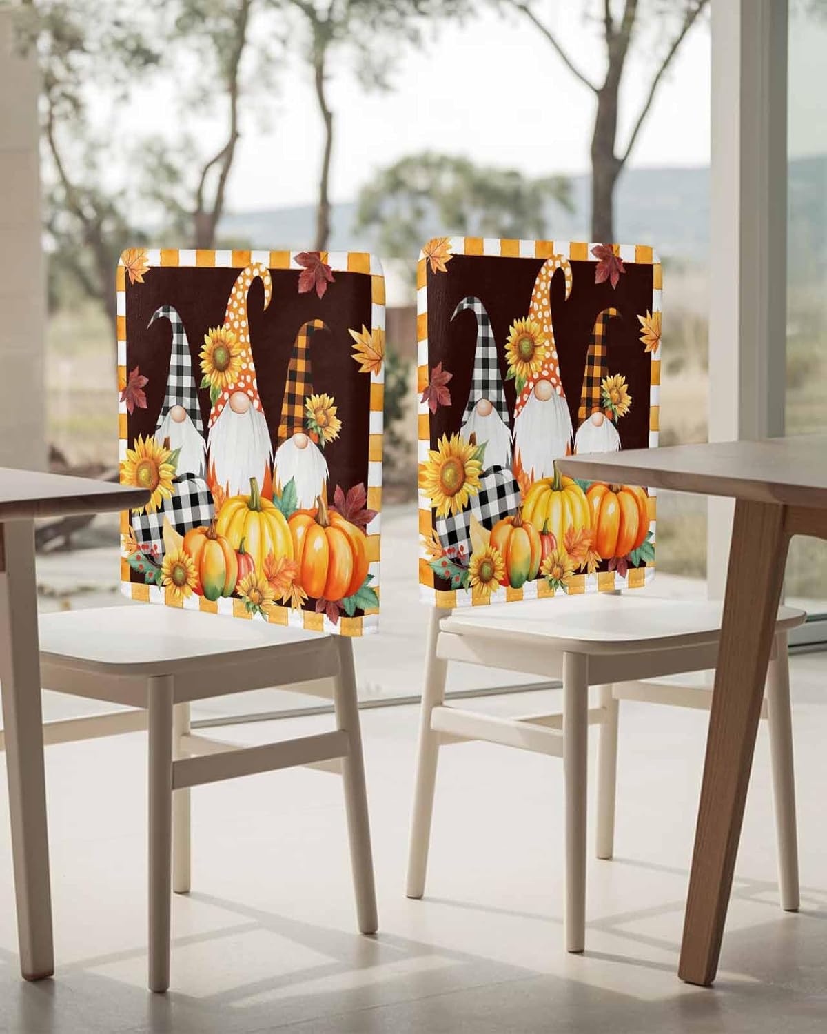 4Pack Dining Room Chair Back Covers Farm Sunflowers Pumpkins Stretch Removable Chair Protector Fall Gnomes Yellow Plaid Washable Chair Slipcovers for Home Kitchen,Hotel,Holiday Party