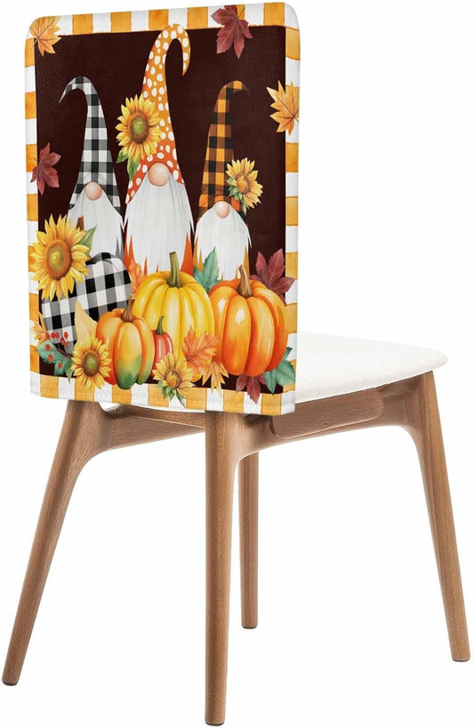 4Pack Dining Room Chair Back Covers Farm Sunflowers Pumpkins Stretch Removable Chair Protector Fall Gnomes Yellow Plaid Washable Chair Slipcovers for Home Kitchen,Hotel,Holiday Party