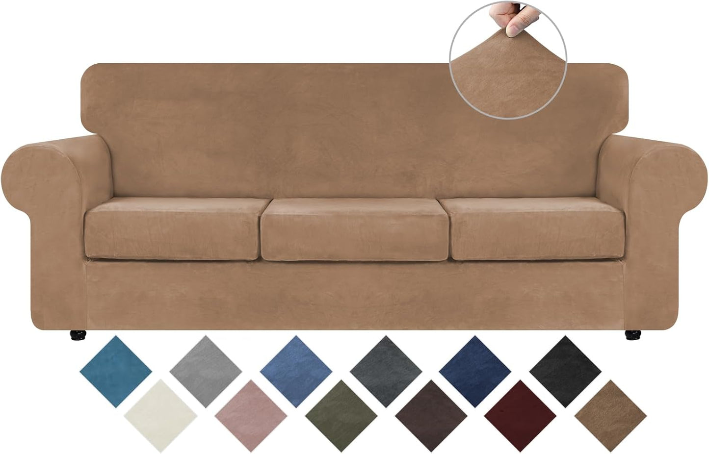 WEERRW Velvet Couch Covers for 2 Cushion Couch Sofa - High Stretch Luxury Velvet Plush 3 Pieces Sofa Slipcovers with Elastic Bottom, Furniture Protector for Pets, Machine Washable, Ivory, Medium