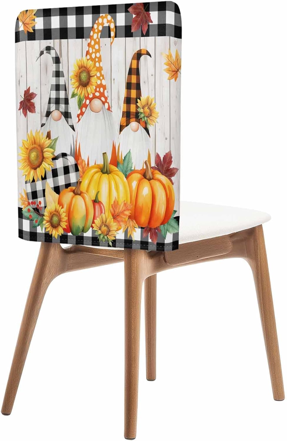 4Pack Dining Room Chair Back Covers Farm Sunflowers Pumpkins Stretch Removable Chair Protector Fall Gnomes Yellow Plaid Washable Chair Slipcovers for Home Kitchen,Hotel,Holiday Party
