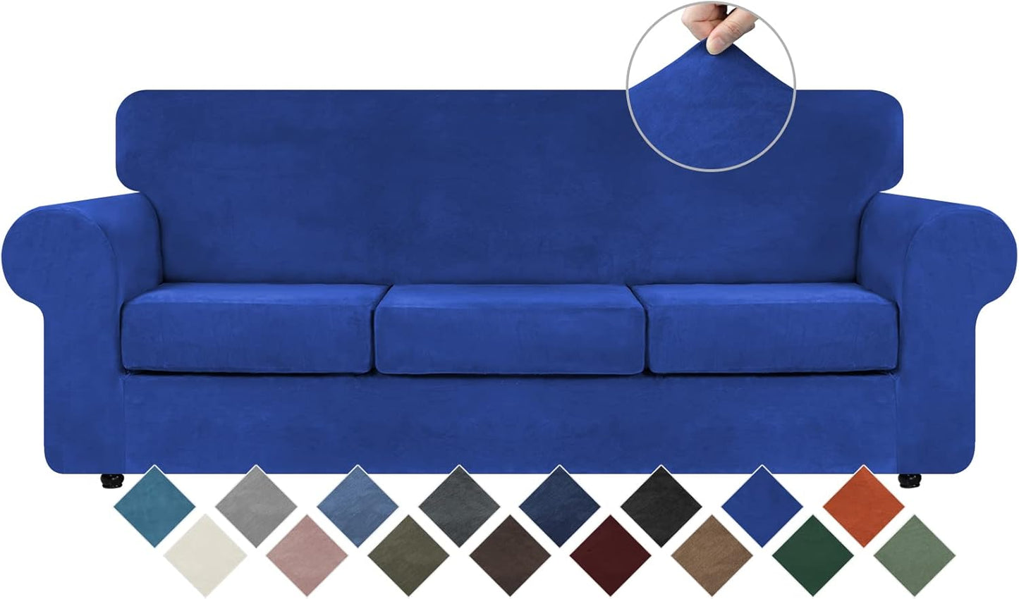 WEERRW Velvet Couch Covers for 2 Cushion Couch Sofa - High Stretch Luxury Velvet Plush 3 Pieces Sofa Slipcovers with Elastic Bottom, Furniture Protector for Pets, Machine Washable, Ivory, Medium