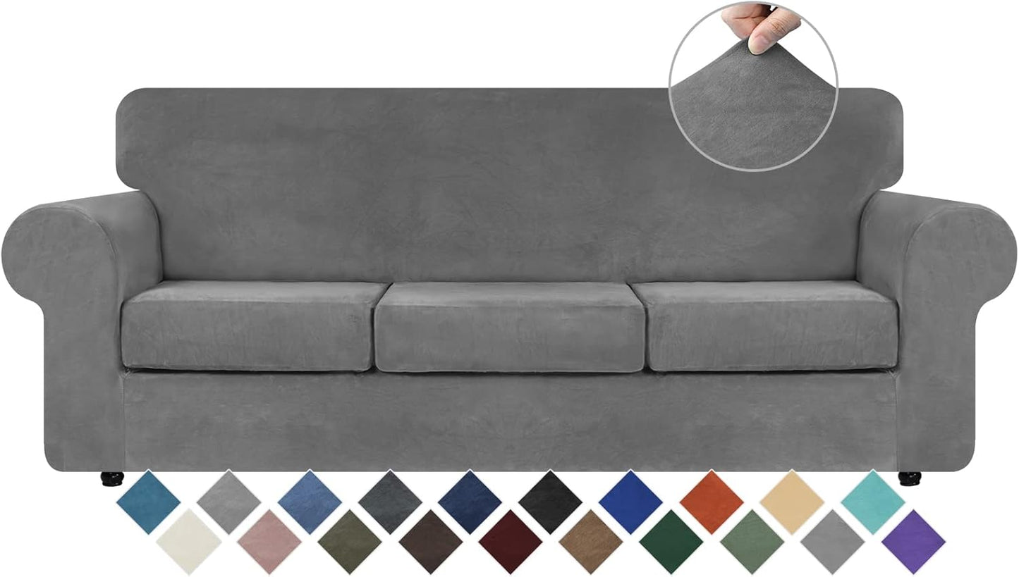 WEERRW Velvet Couch Covers for 2 Cushion Couch Sofa - High Stretch Luxury Velvet Plush 3 Pieces Sofa Slipcovers with Elastic Bottom, Furniture Protector for Pets, Machine Washable, Ivory, Medium
