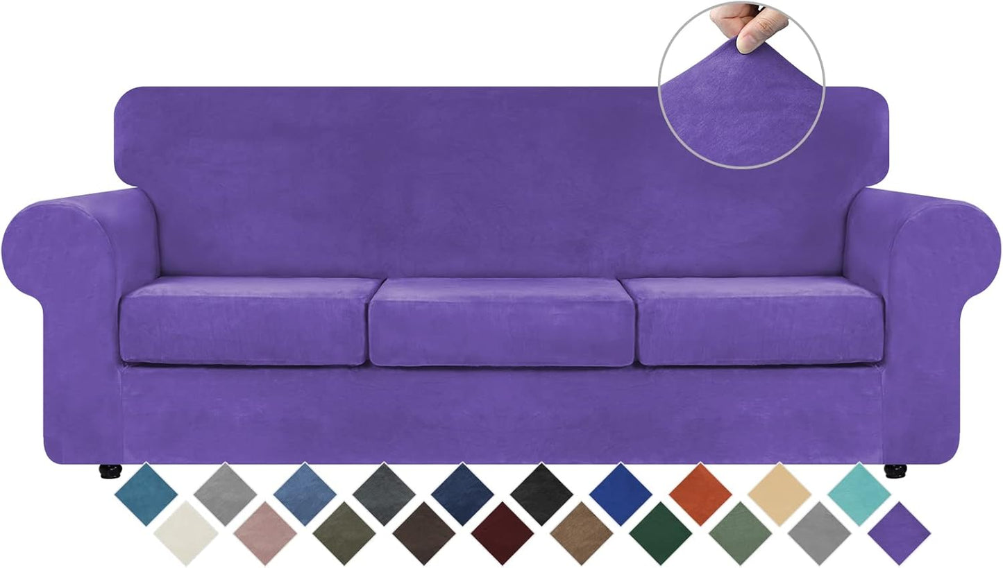 WEERRW Velvet Couch Covers for 2 Cushion Couch Sofa - High Stretch Luxury Velvet Plush 3 Pieces Sofa Slipcovers with Elastic Bottom, Furniture Protector for Pets, Machine Washable, Ivory, Medium