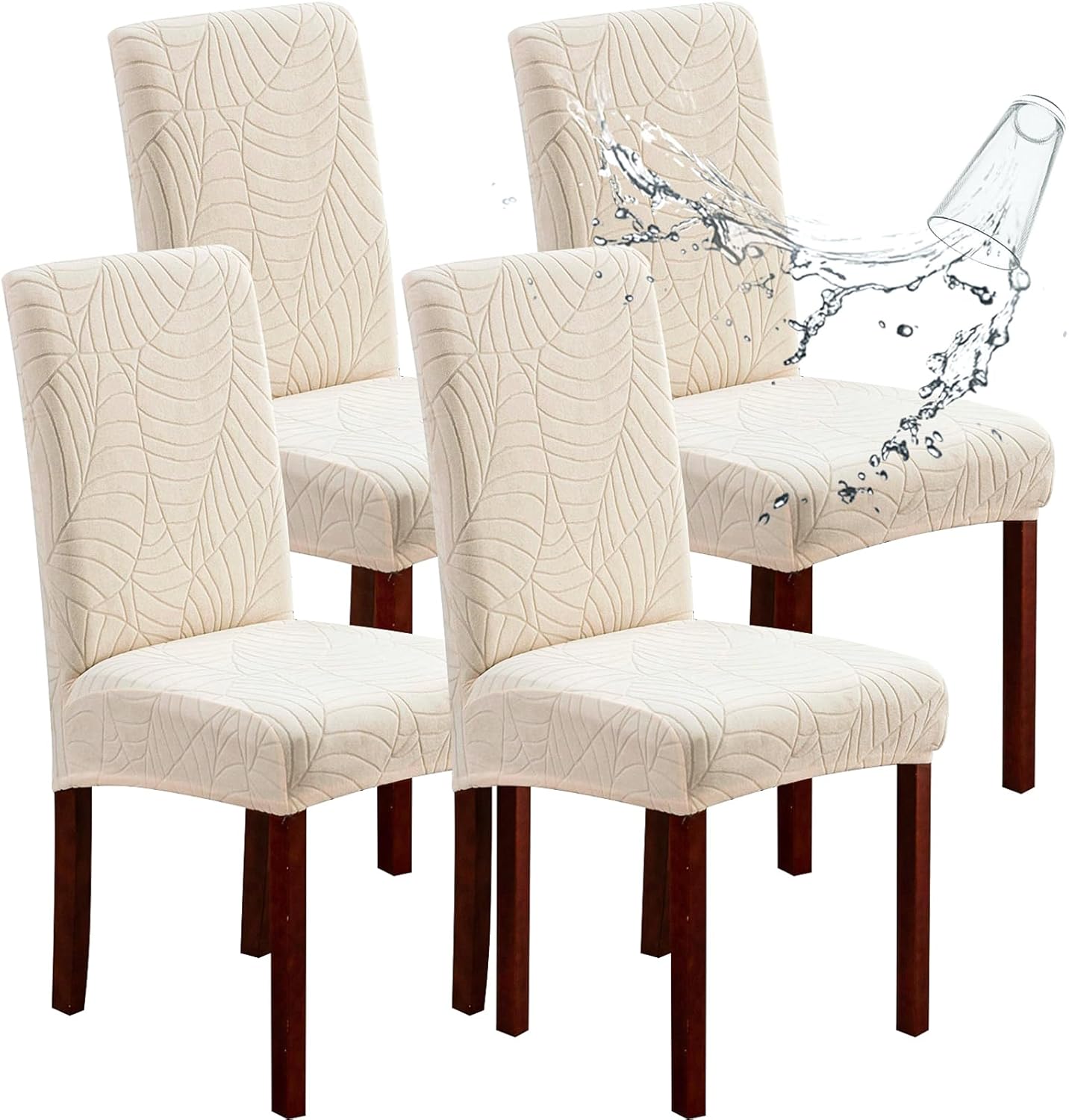 Genina Waterproof Chair Covers for Dining Room 6 Pack, Stretch Jacquard Dining Chair Cover Removable Washable Chair Protectors Cover for Kitchen, Home (Leaves-Warm Gray, 6 PCS)